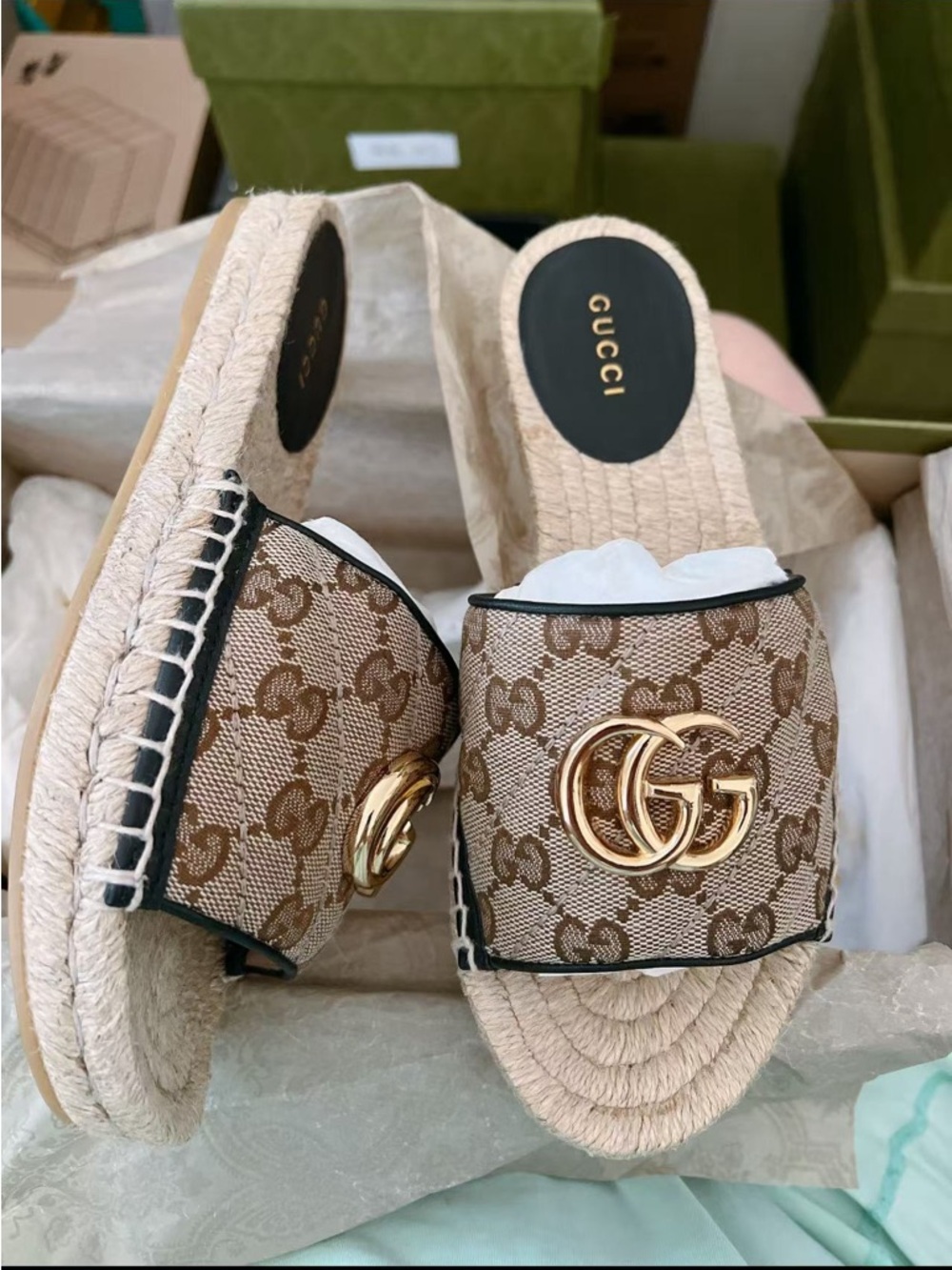 New Gucci GG Canvas Espadrille Slide Mules with Gold Double G